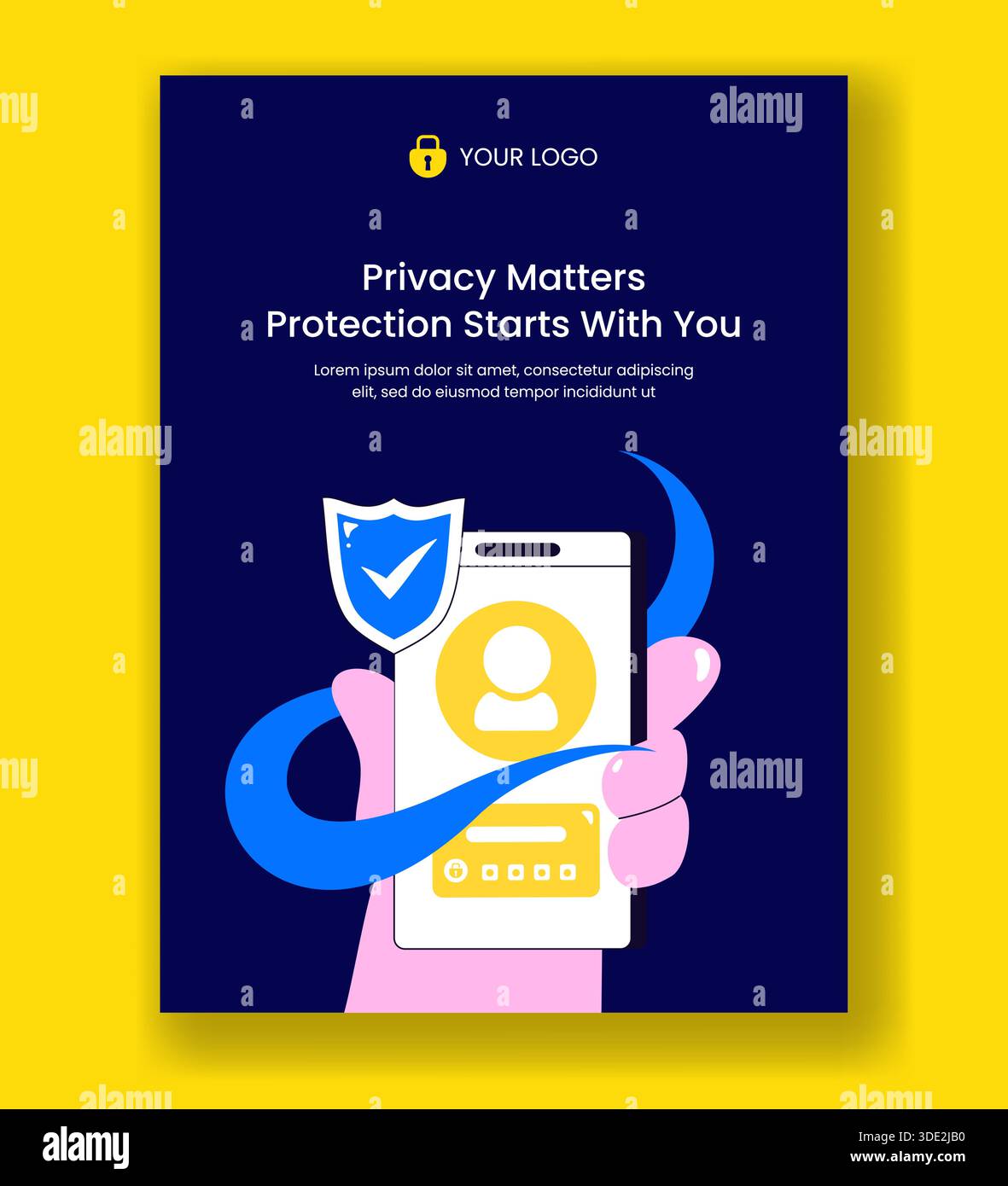 Vertical Poster Illustration Featuring Data Privacy and Cyber Security Flat Cartoon Hand Drawn Art Stock Vector