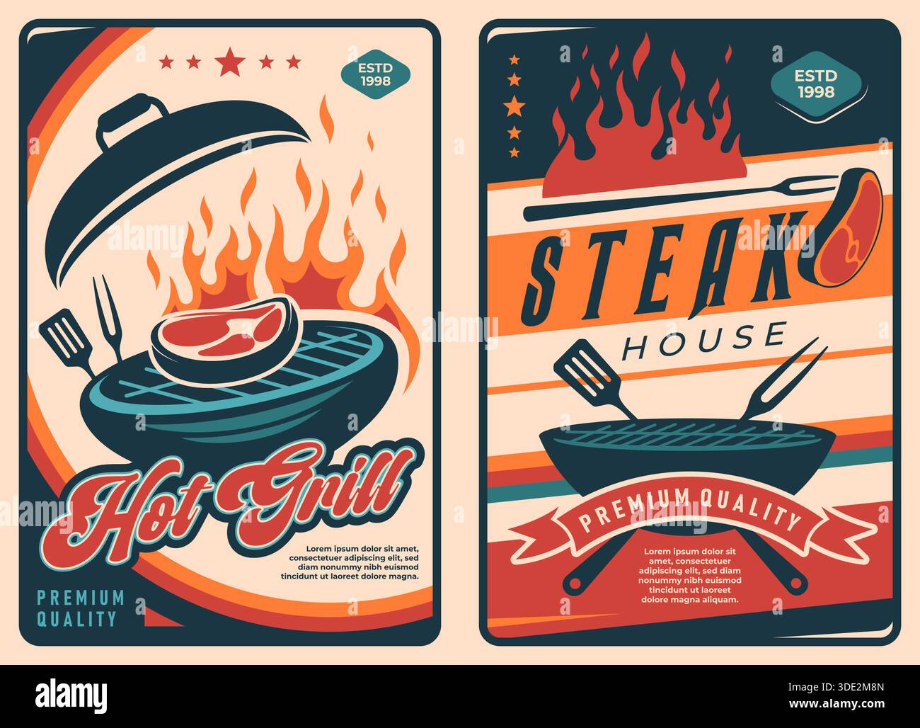 Retro bbq meat vector posters. Grill barbeque party invite of steak on ...