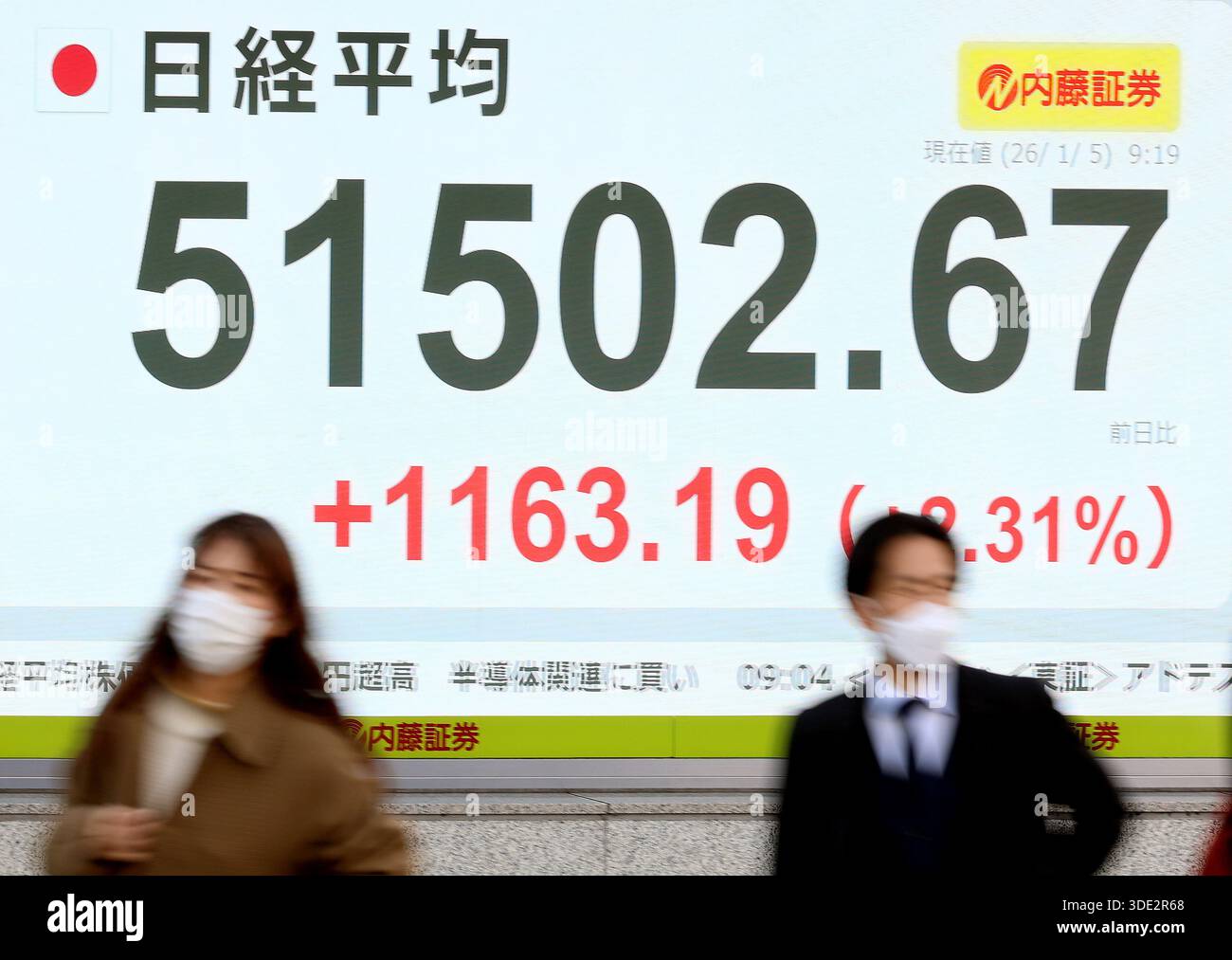 Tokyo, Japan. 5th Jan, 2026. Pedestrians pass before a share prices board in Tokyo on Monday, January 5, 2025. Share prices of the Tokyo Stock Exchange soared over 1,000 yen from the last trading of the previous year. (photo by Yoshio Tsunoda/AFLO) Stock Photo