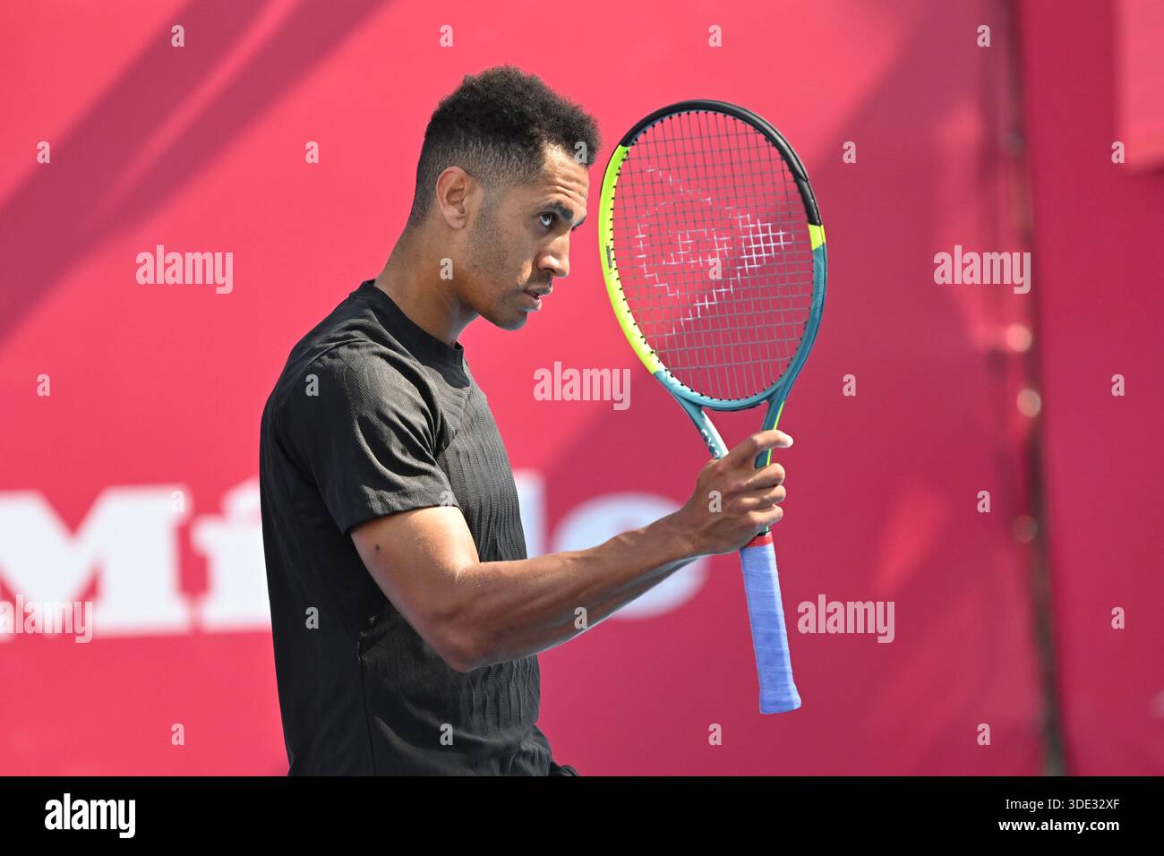 Michael Mmoh, an American tennis player, during a match at the Hong ...