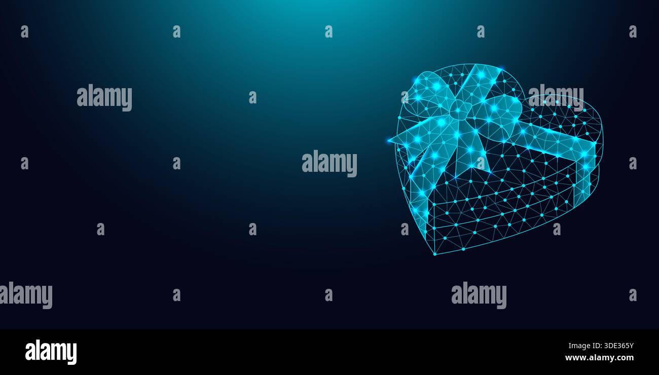 Low poly wireframe heart shaped gift box with bow on dark blue background. Stock Vector