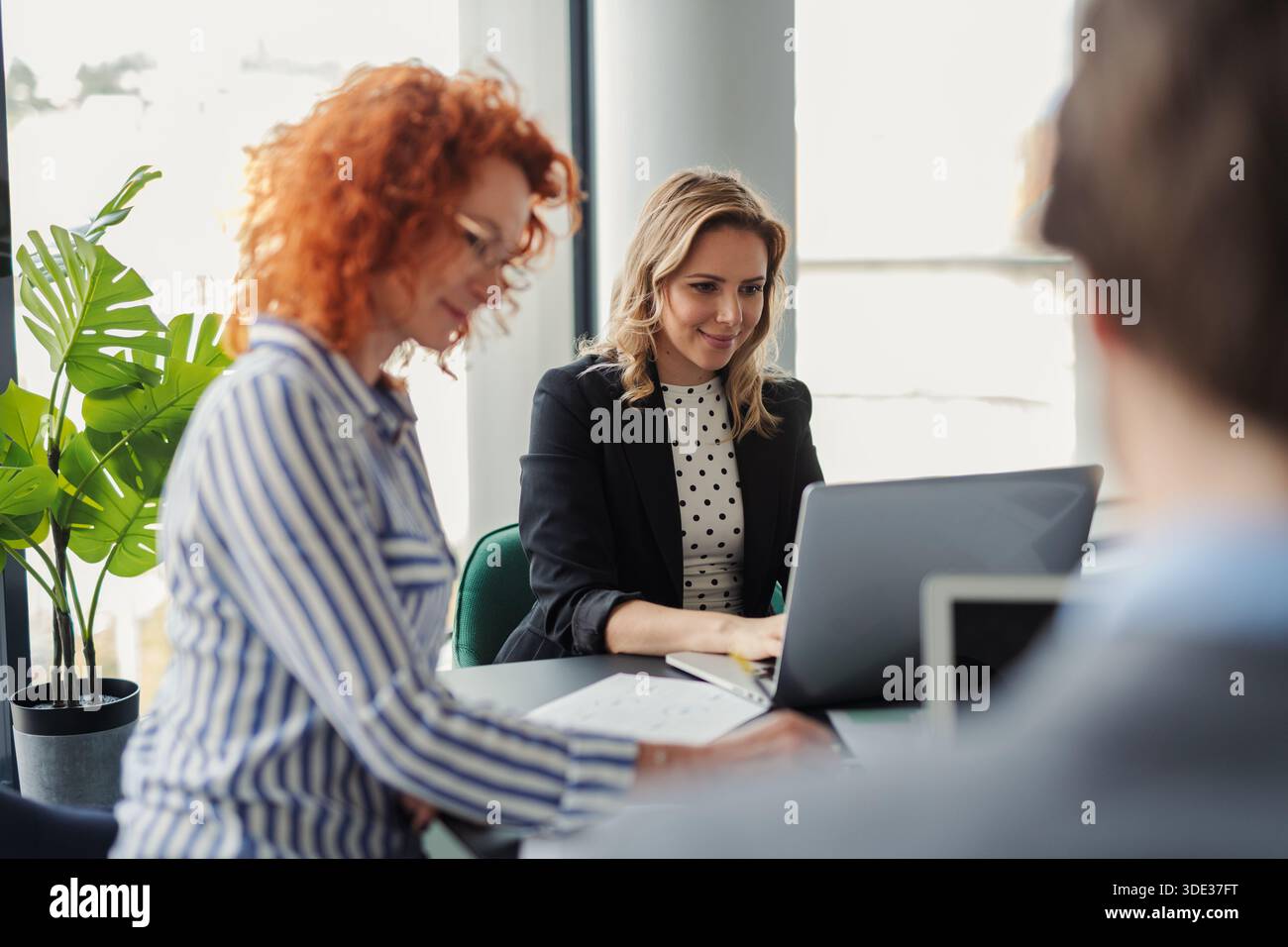 Business team reviewing project data, analysis financial situation. Stock Photo