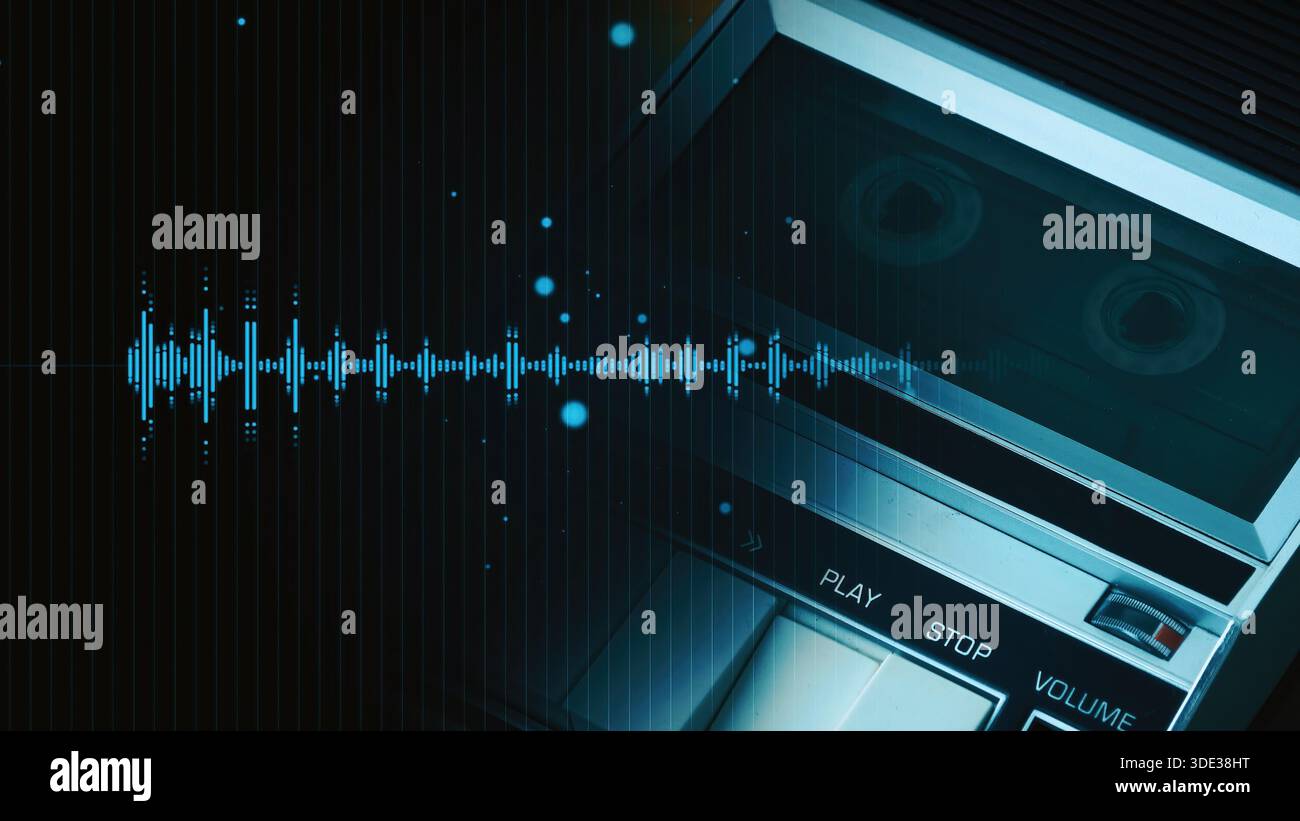 Vintage cassette tape recorder with digital audio waveform overlay, selective focus Stock Photo