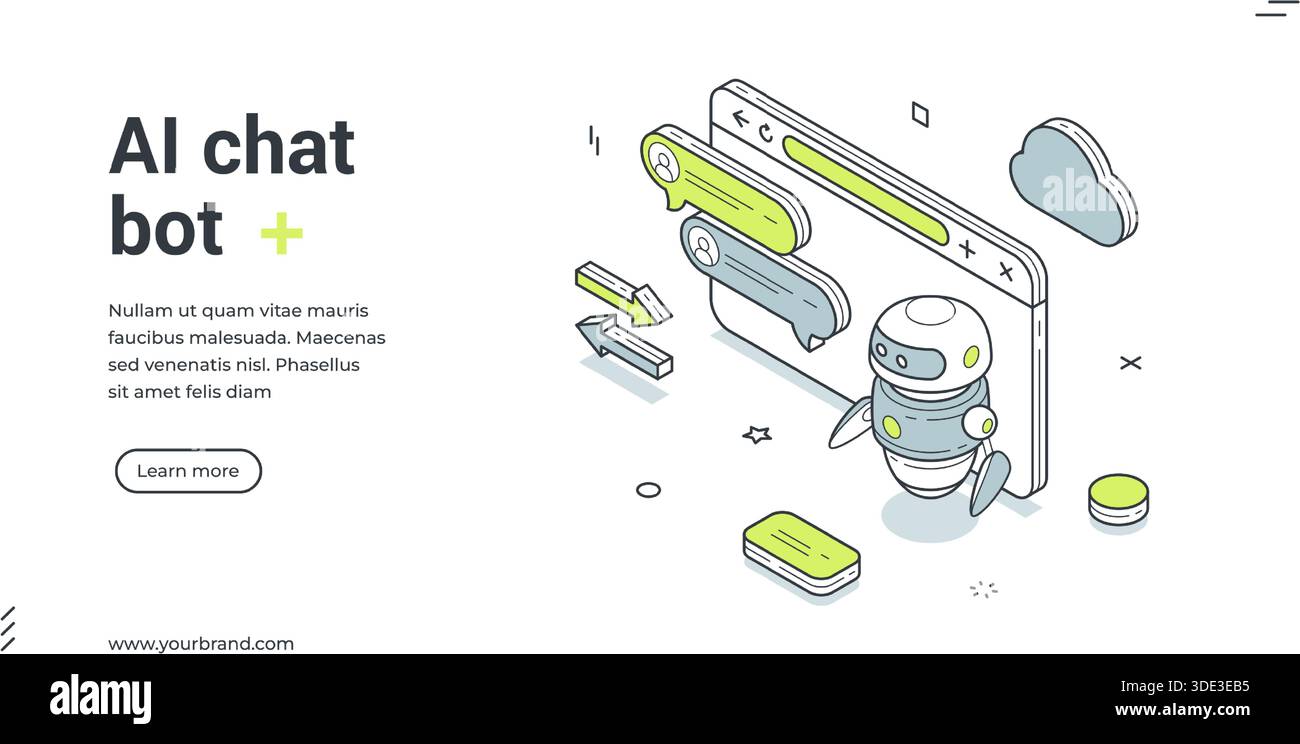 AI chatbot virtual assistant internet browser isometric web banner design template vector illustration. Artificial intelligence chat bot information r Stock Vector