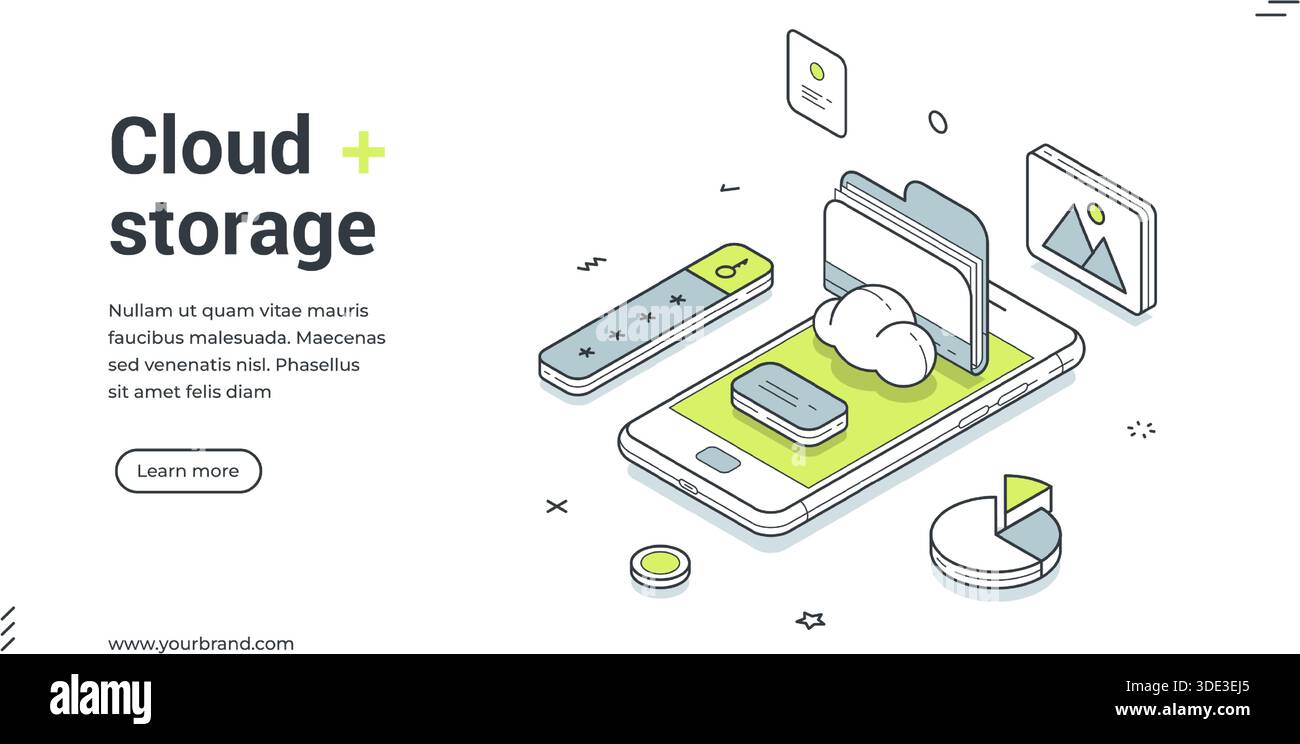 Cloud storage mobile app information backup isometric web banner design template vector illustration. Smartphone database computing technology file sy Stock Vector