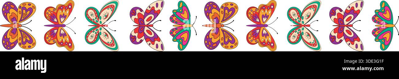 Groovy Retro Butterfly Seamless Wavy Border Pattern Stock Vector