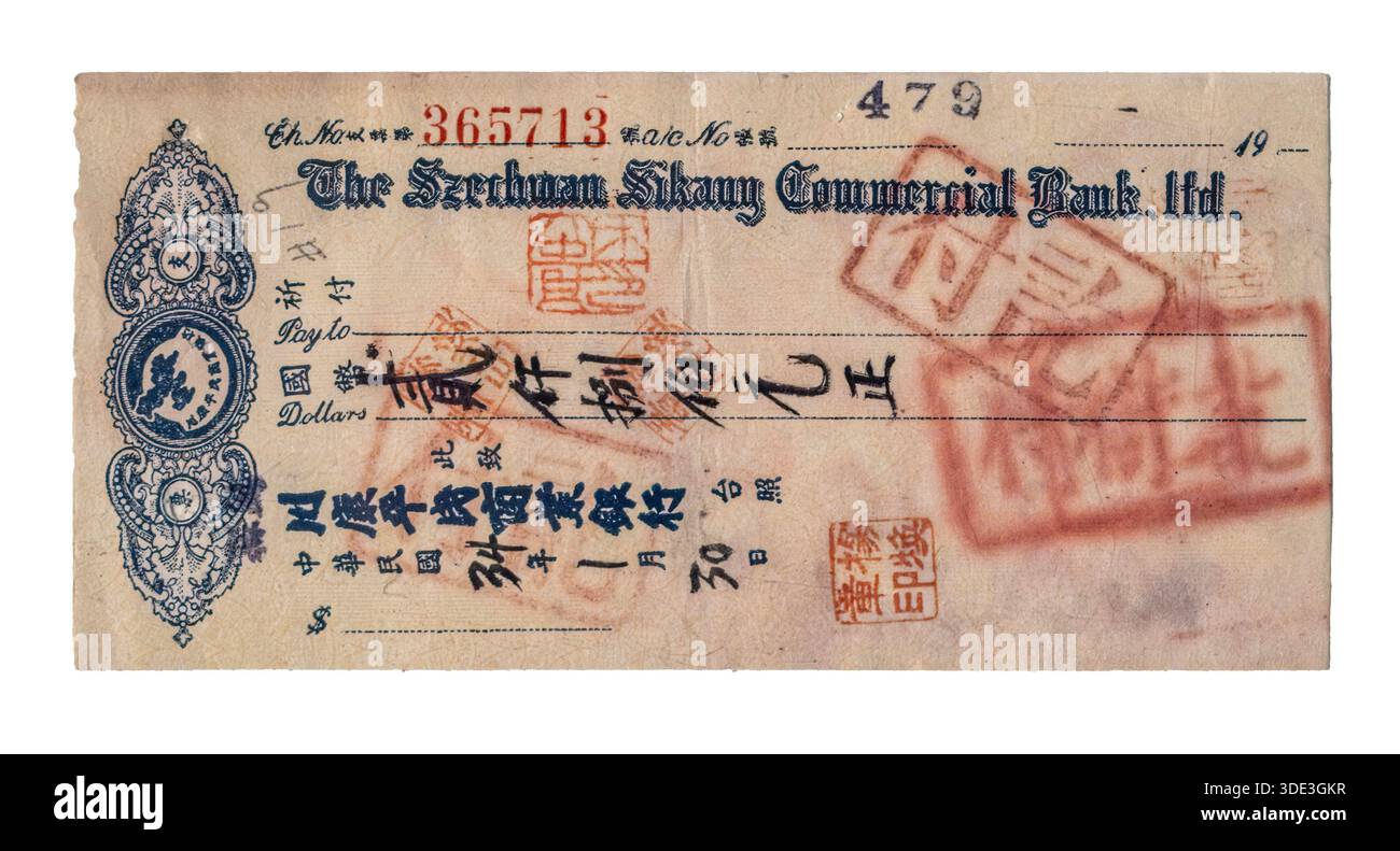 Chongqing, China - May 08, 2025 The image shows a cancelled cheque from ...