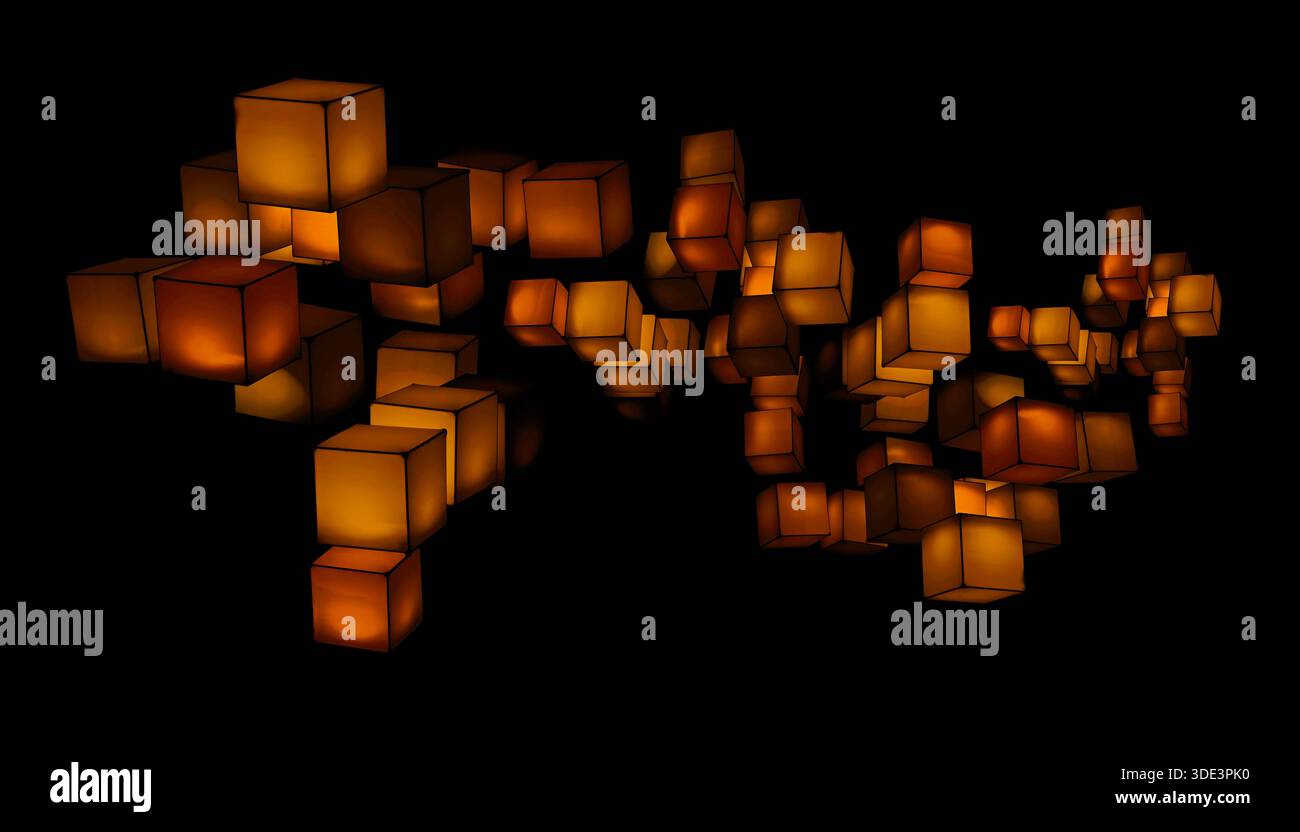 a lighting installation featuring an arrangement of glowing cubes floating in the dark background, physical cubes create dynamic, interactive visual d Stock Photo