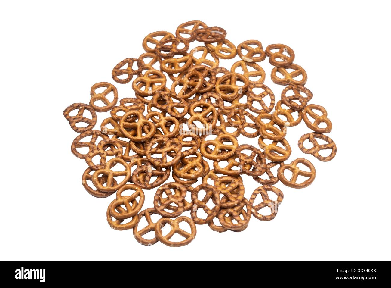 Salt pretzels isolated on white background. Salty snacks. Top view Stock Photo