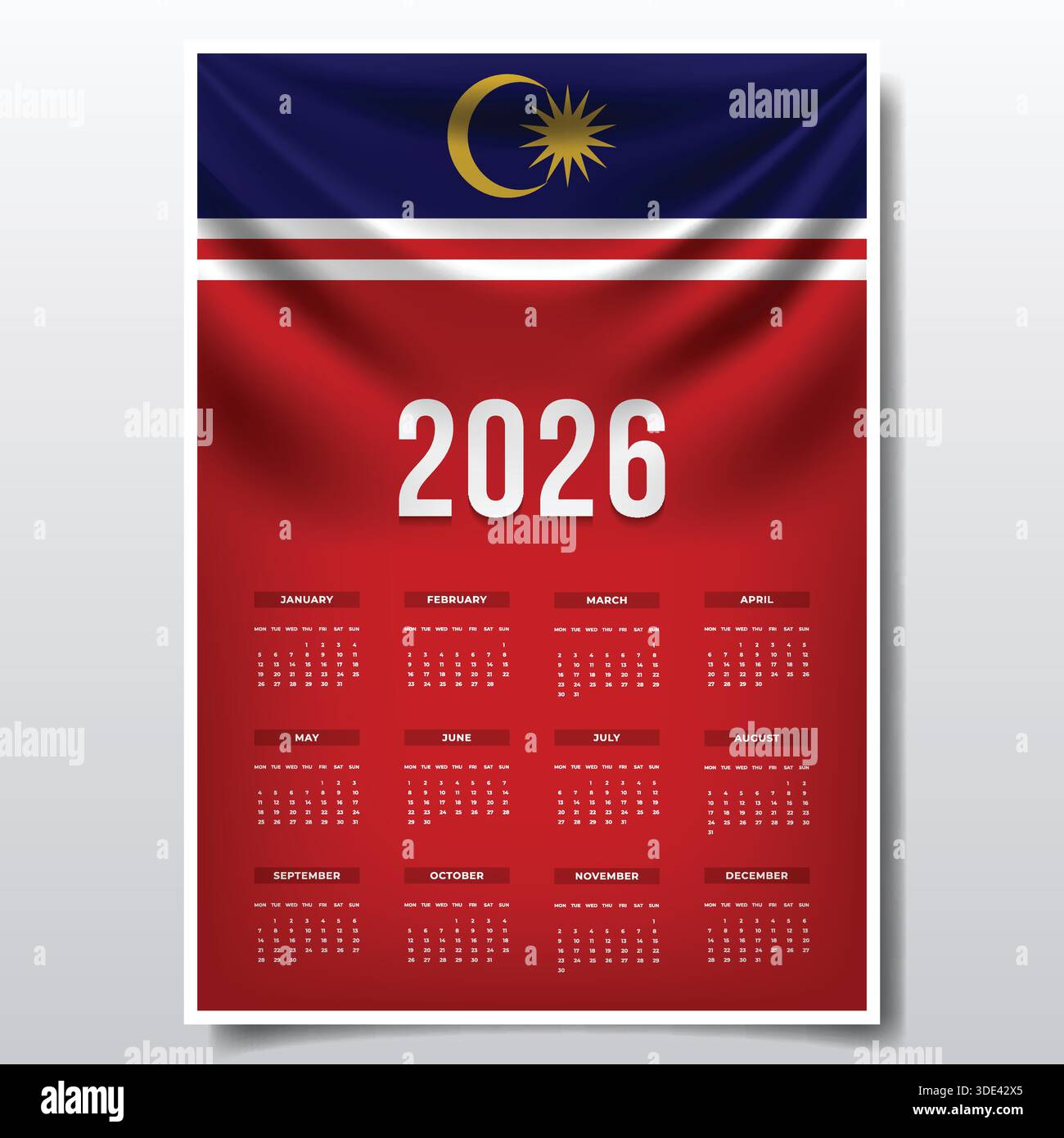 2026 Printable Calendar Design with MALAYSIA Flag Theme, Patriotic