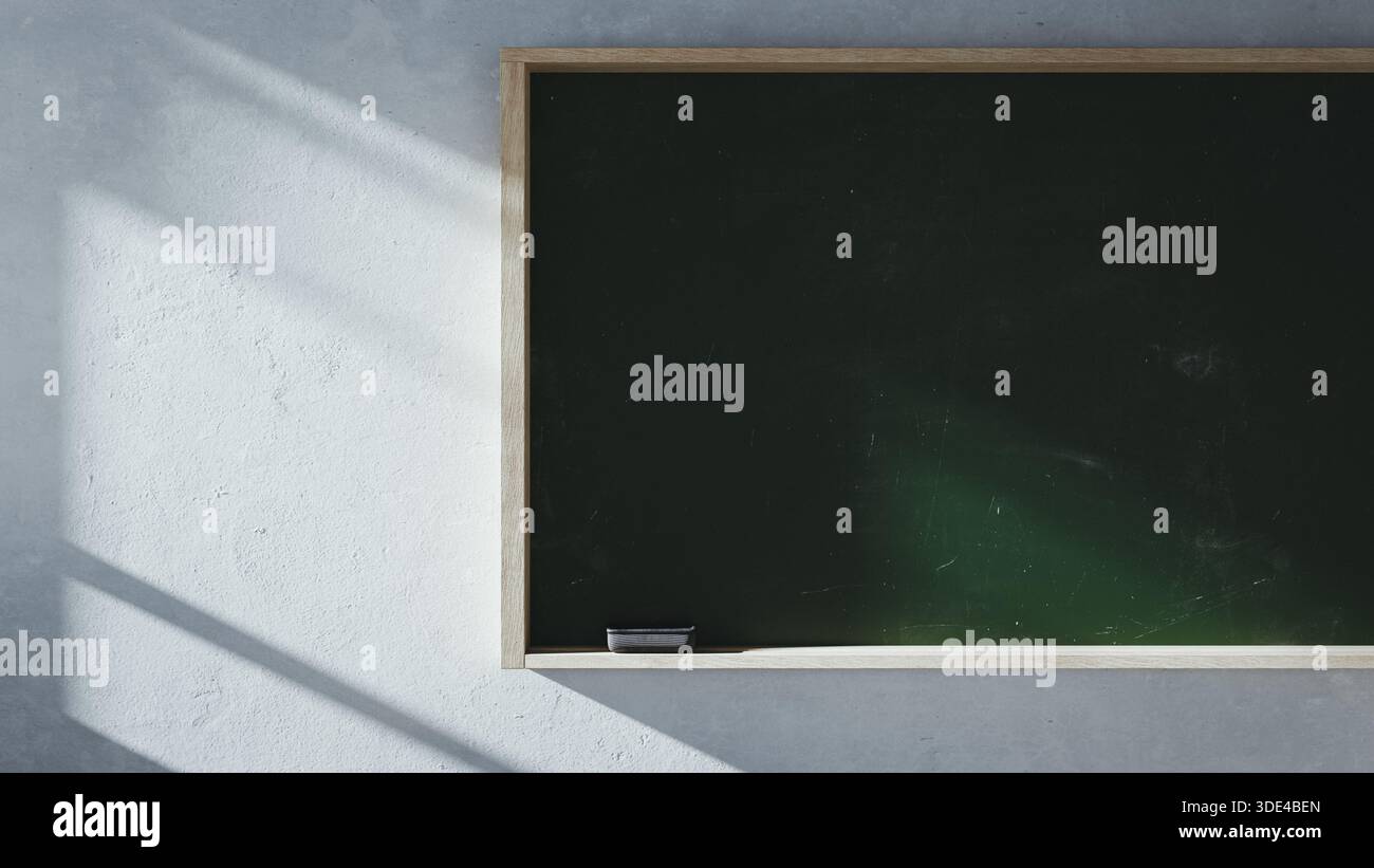 Empty Blackboard in Wooden Frame on White Wall Copy space. 3d rendering Stock Photo