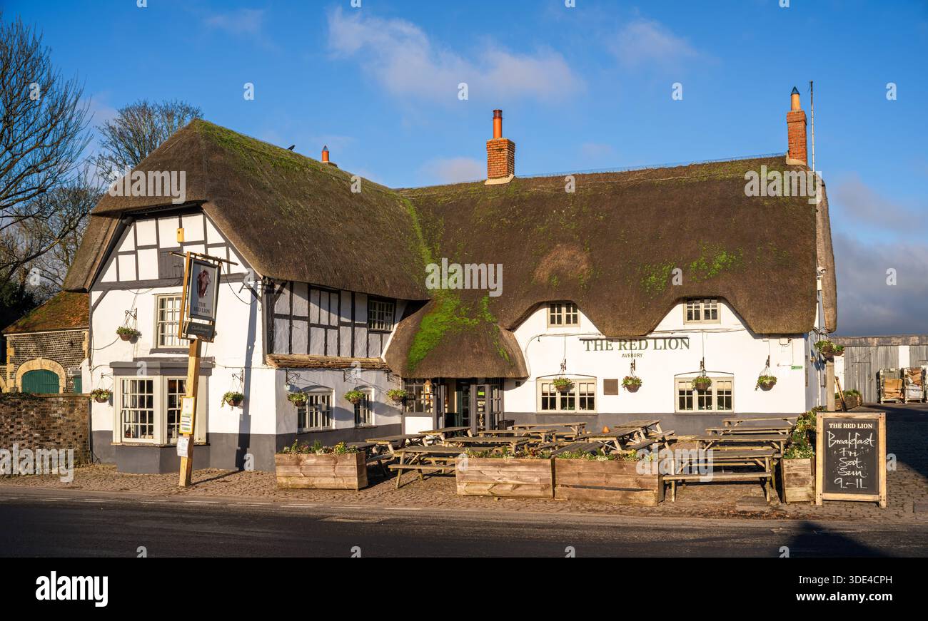 Avebury, United Kingdom - December 27, 2025: The Red Lion in Avebury is a historic pub and inn located within the Avebury stone circle Stock Photo