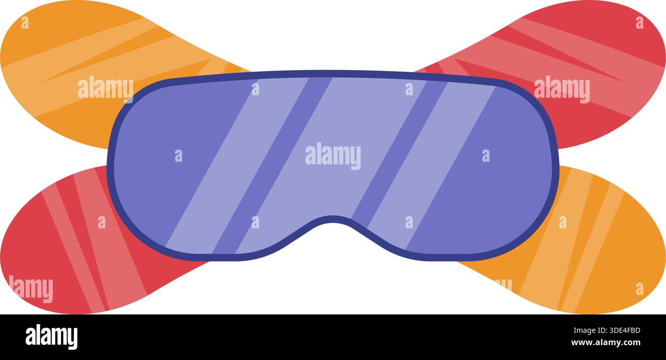 vibrant ski goggles and crossed skis showcase bold color stripes, mirrored lens, flat vector illustration style, playful winter sports vibe, Stock Vector