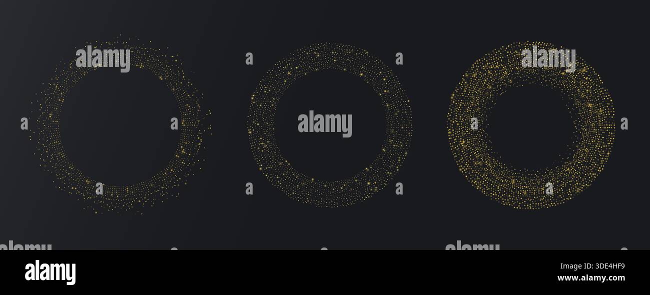 Abstract gold halfton logo template element. Gold dots vector background. Set dotted glitter circle form. Stock Vector