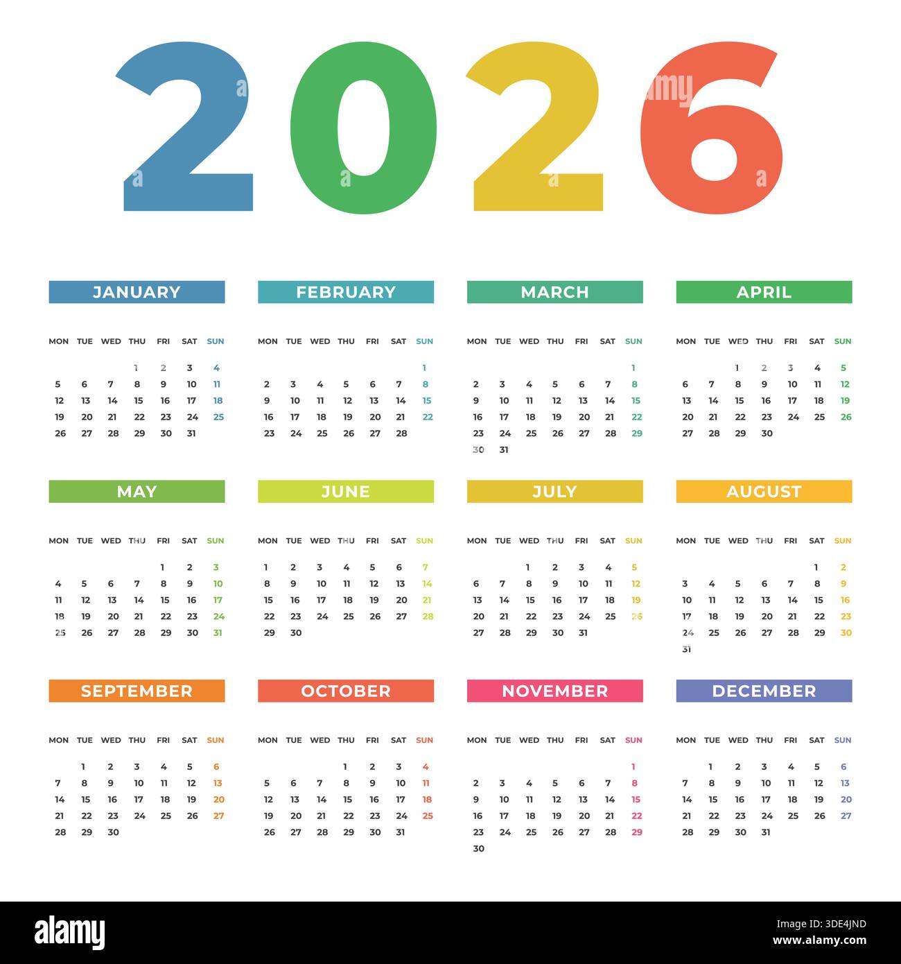 Calendar Template for 2026 Year with Monday Start Stock Vector Image ...