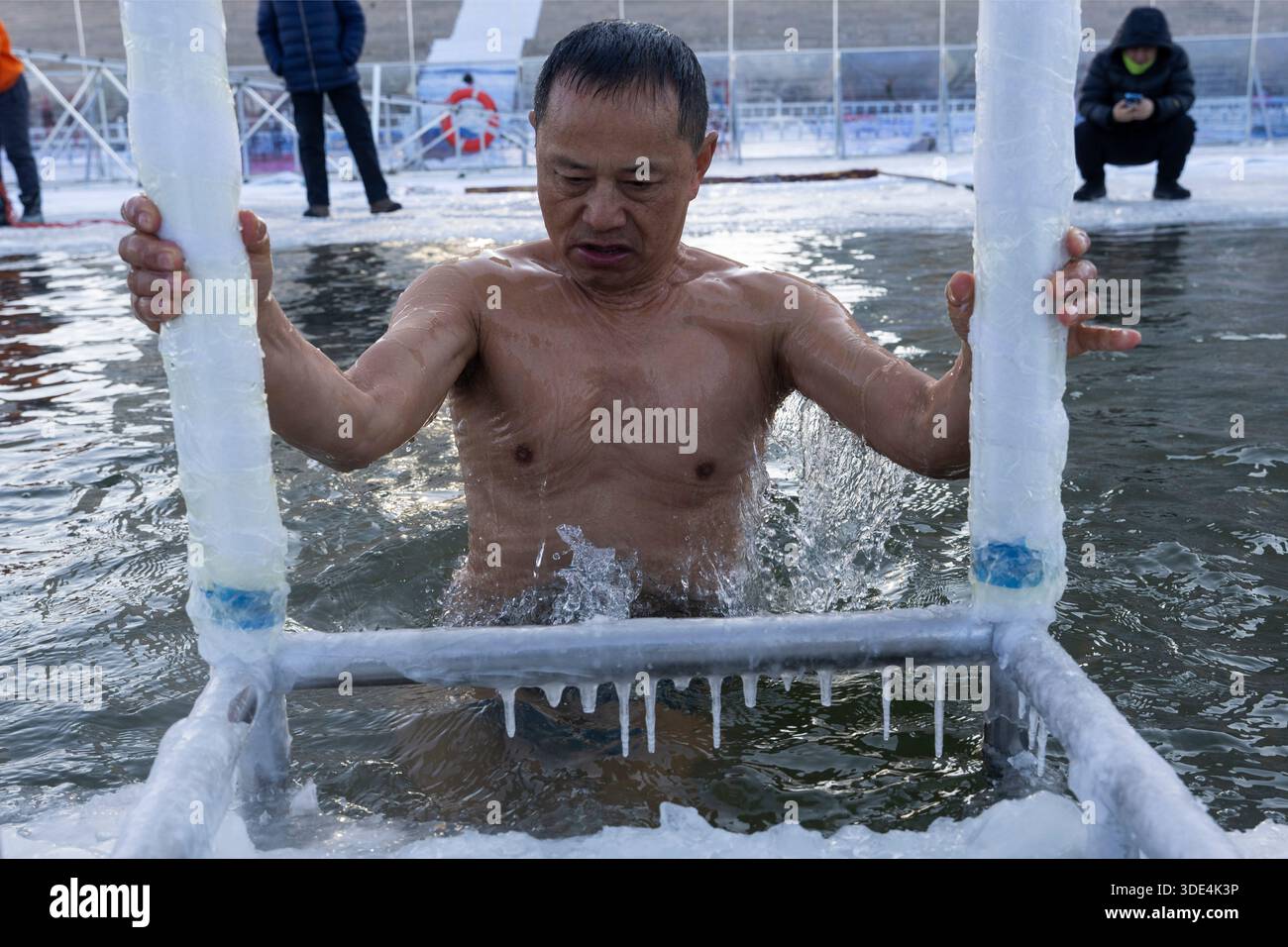 A winter swimmer climbs out a pool after jumping into icy water in ...