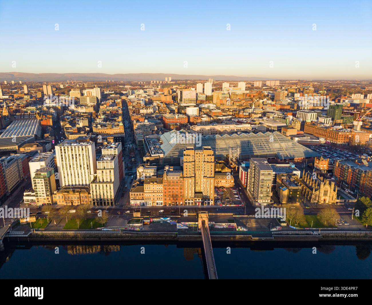Aerial view of Glasgow city centre skyline on River Clyde, Scotland ,Uk Stock Photo