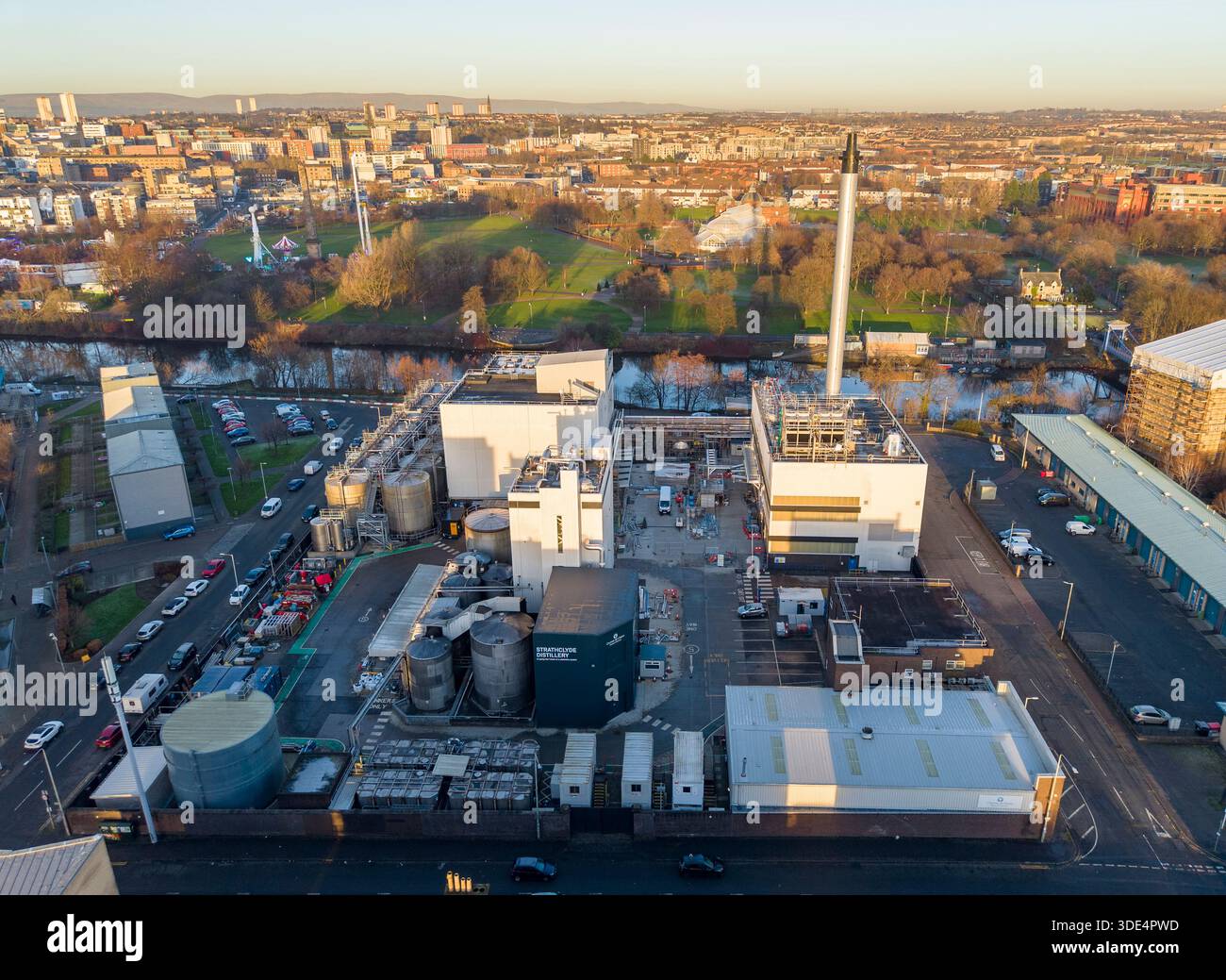 Aerial view of Strathclyde Distillery owned by Chivas Brothers Holdings and Pernod Ricard in Gorbals, Glasgow, Scotland, UK Stock Photo