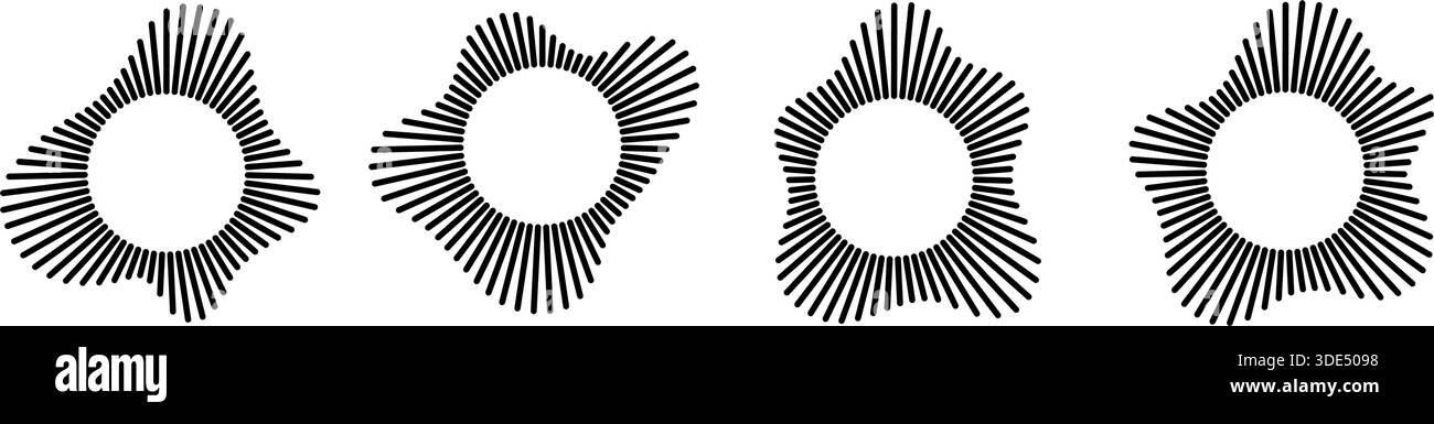Radial burst patterns with horizontal waveform lines and concentric rings. Stock Vector