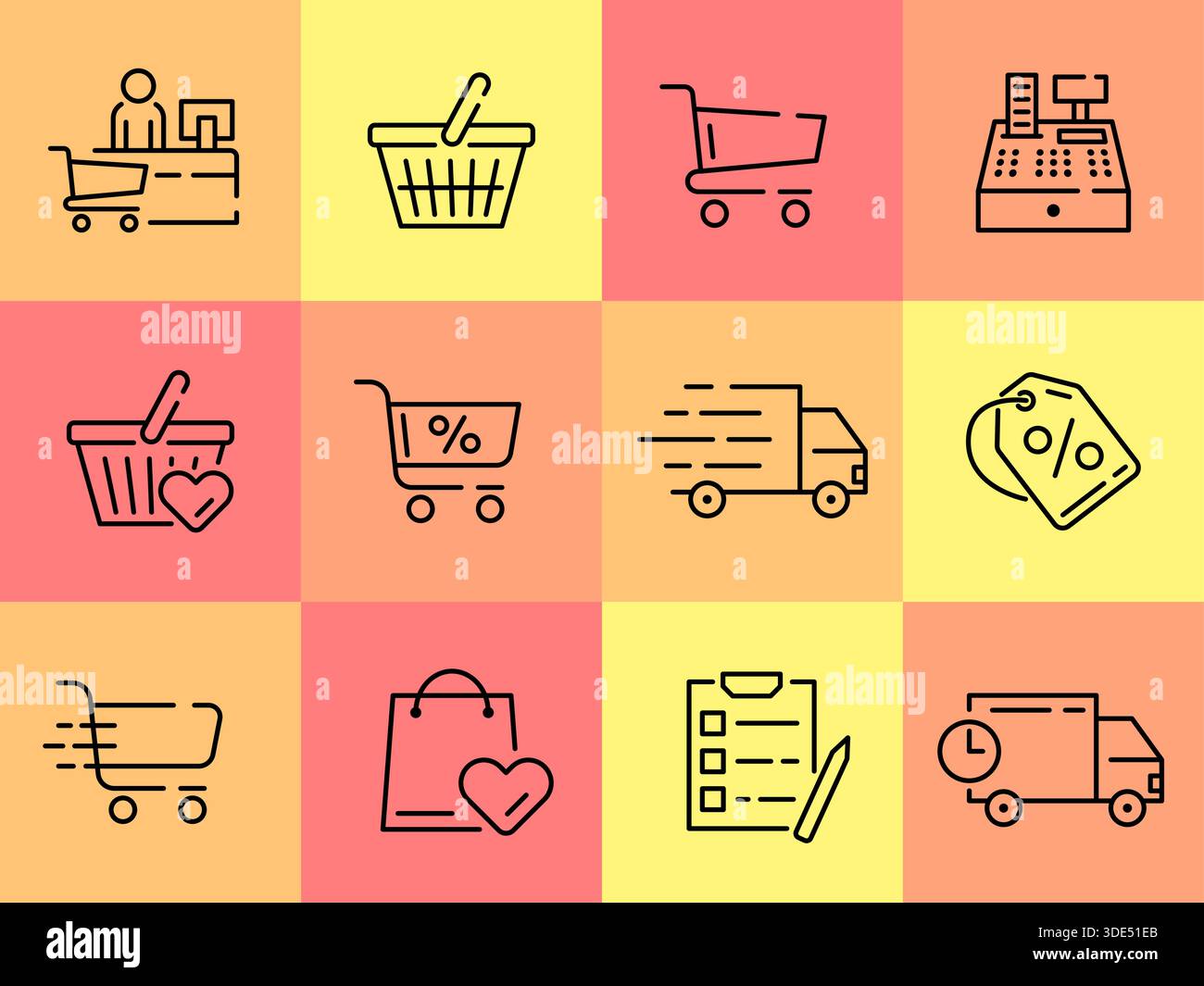 Commerce icons. Shopping symbols. Supermarket cart and basket. Online store square sign. Sale price. Express delivery. Payment money. Cashier at counter. Customer feedback. Vector line pictograms set Stock Vector