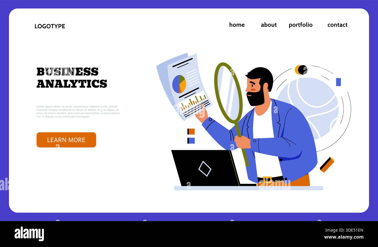 Business analytics landing page. Man looking through magnifying glass at report. Project diagram. Website design template. Office statistic information. Professional audit analyst. Vector background Stock Vector