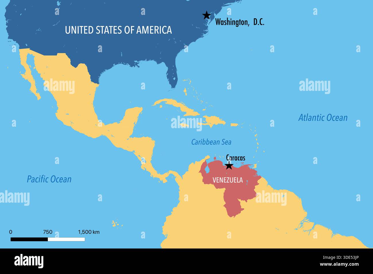 United States and Venezuela Map Highlighting Geopolitical Relations