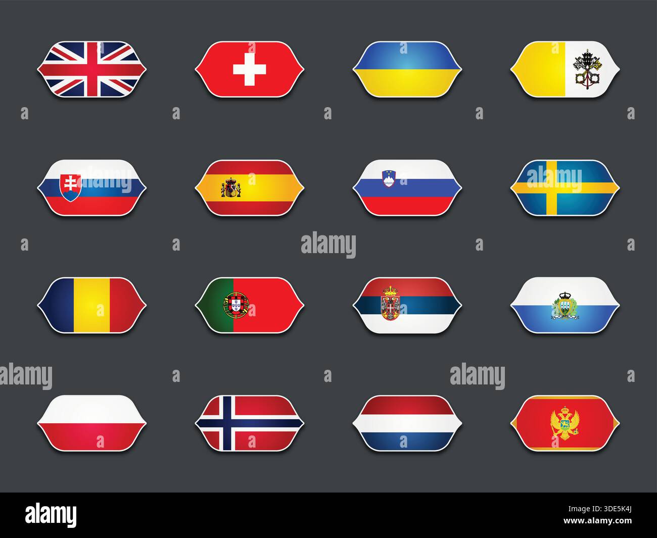 Set of Various Shaped Flags Isolated on Dark Background Stock Vector