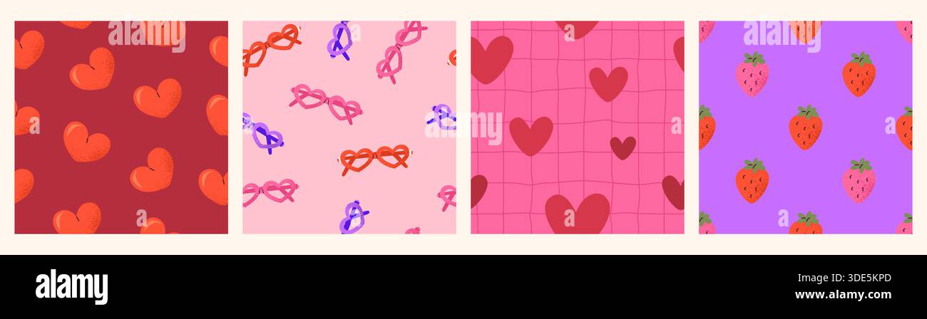Grainy Seamless Pattern Set for Valentines Day. Stock Vector