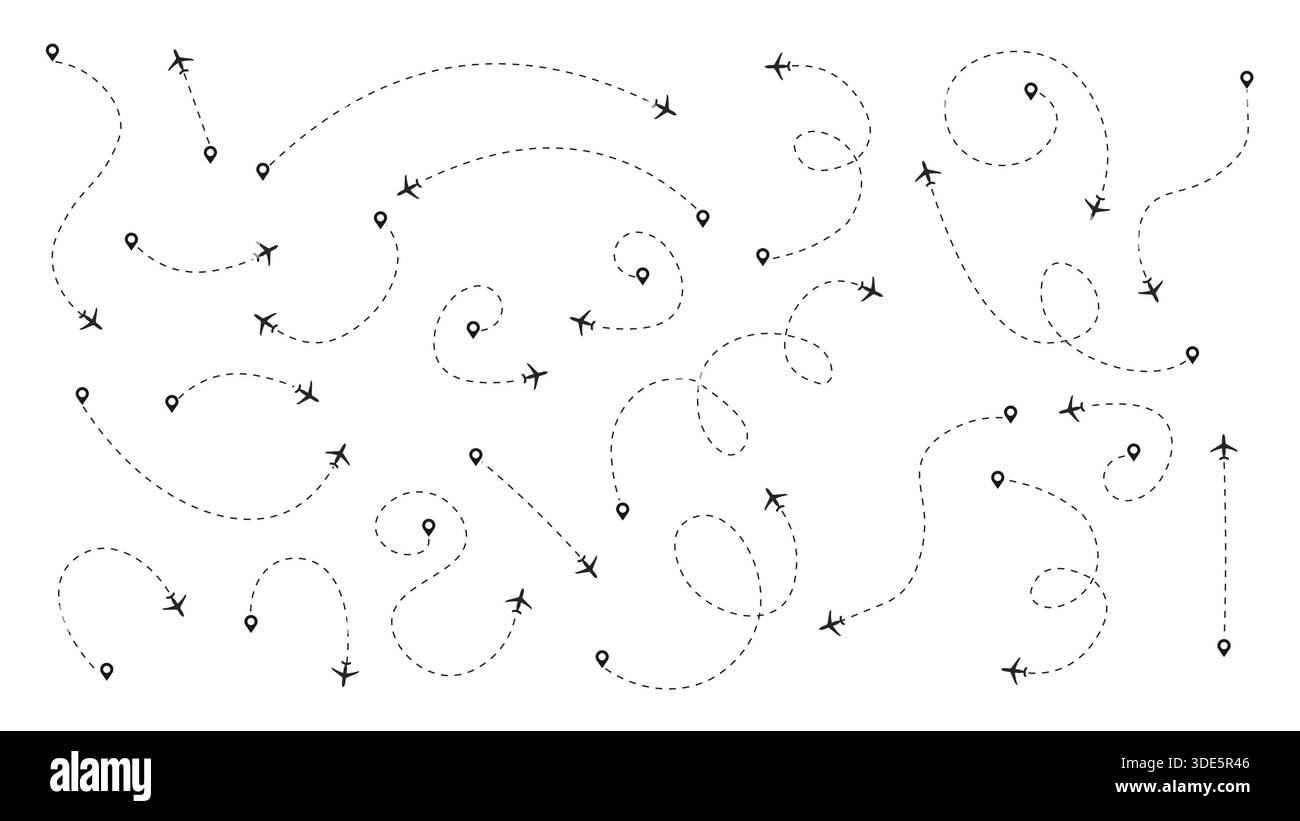 Set of Various Airplane Lines and Roads with Jet Icons Stock Vector ...