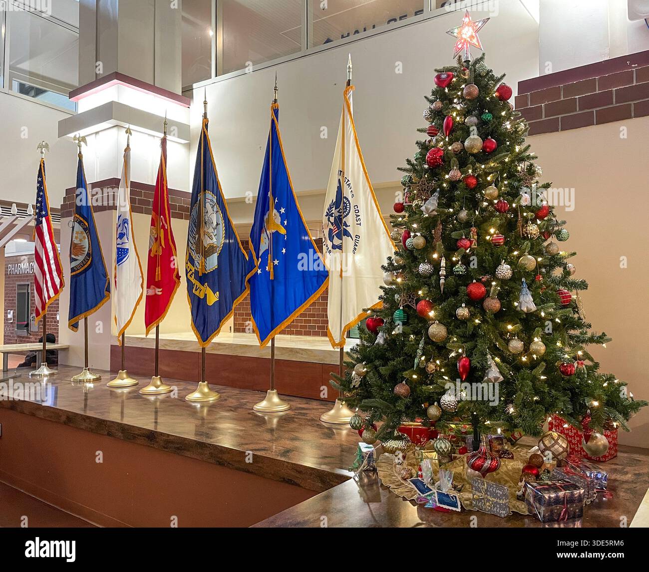 The lobby of the Margaret Cochran Corbin  VA campus in Manhattan is decorated for Christmas and the holidays, 2025, New York City, United States - Smartphone Captured Stock Image