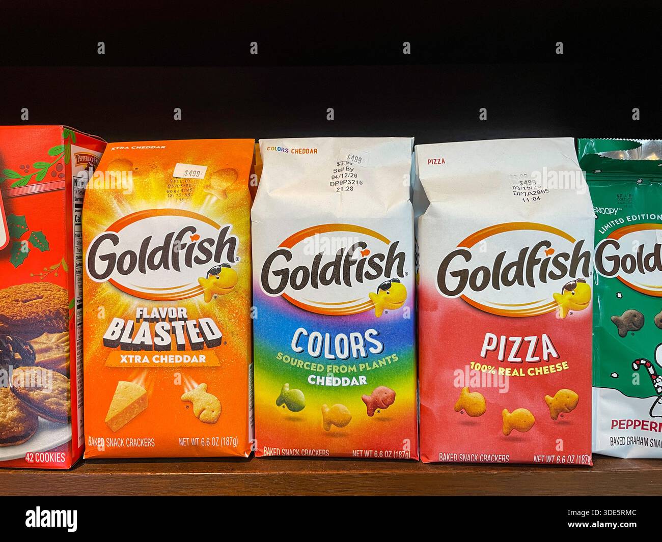 Goldfish Brand Snack Crackers Packages on Shelf  in a NYC Deli, 2025, USA - Smartphone Captured Stock Image