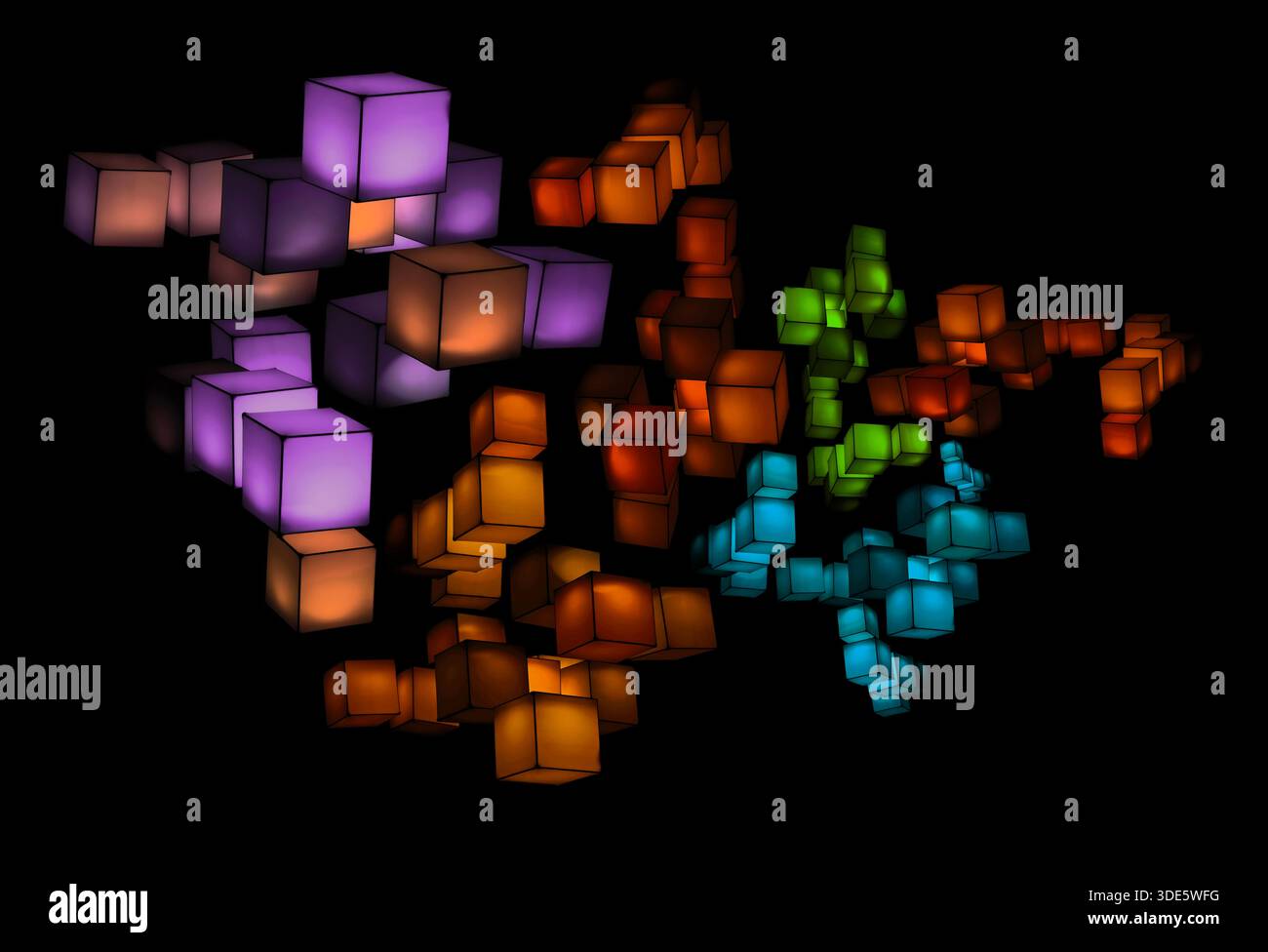 a lighting installation featuring an arrangement of glowing cubes floating in the dark background, physical cubes create dynamic, interactive visual d Stock Photo