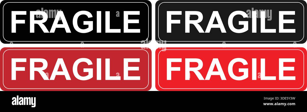 Fragile warning labels with bold text in rectangular shipping signs Stock Vector