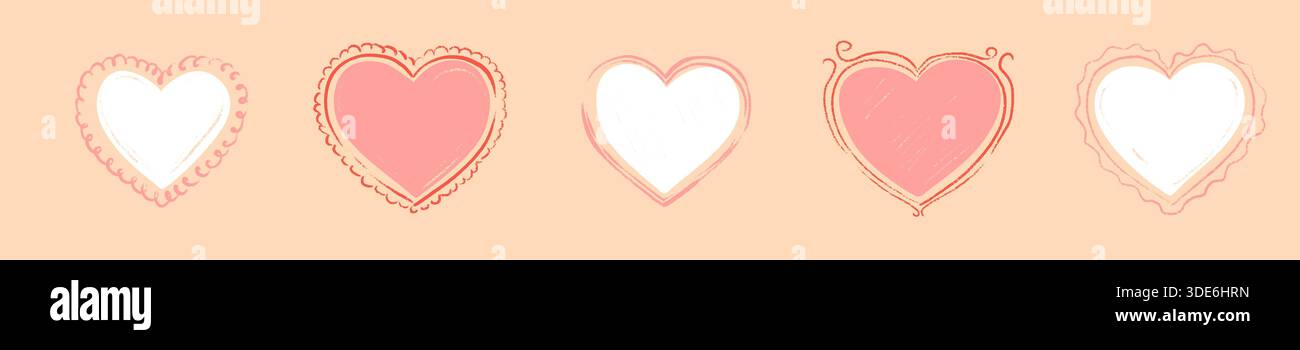 Colorful crayon heart borders and decorative frames perfect for Valentines Day designs, bachelorette parties, romantic greeting cards, and love themed Stock Vector