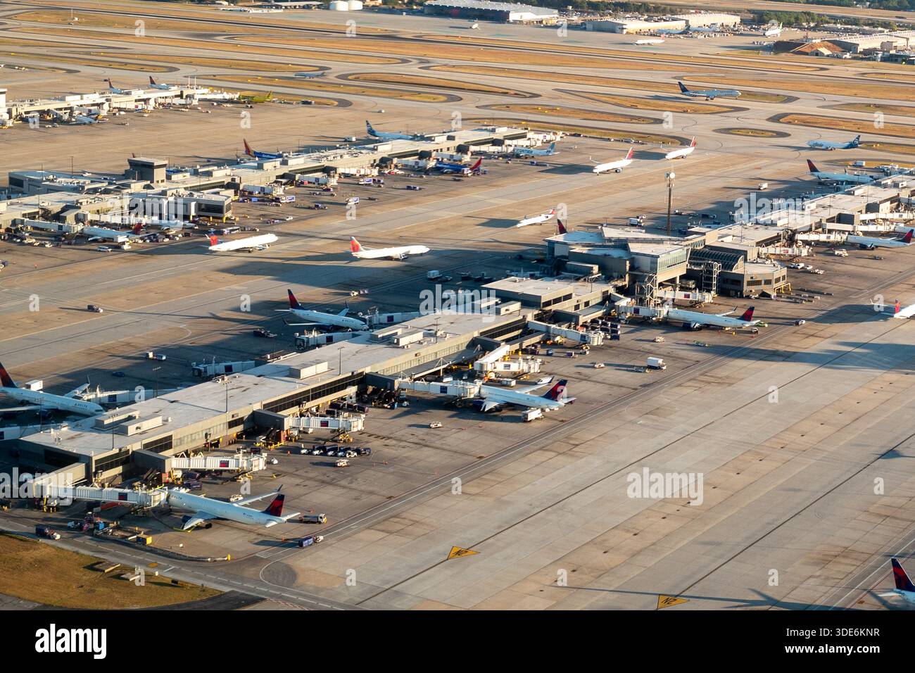 Aerial view of taxiways and terminal buildings at Hartsfield-Jackson ...