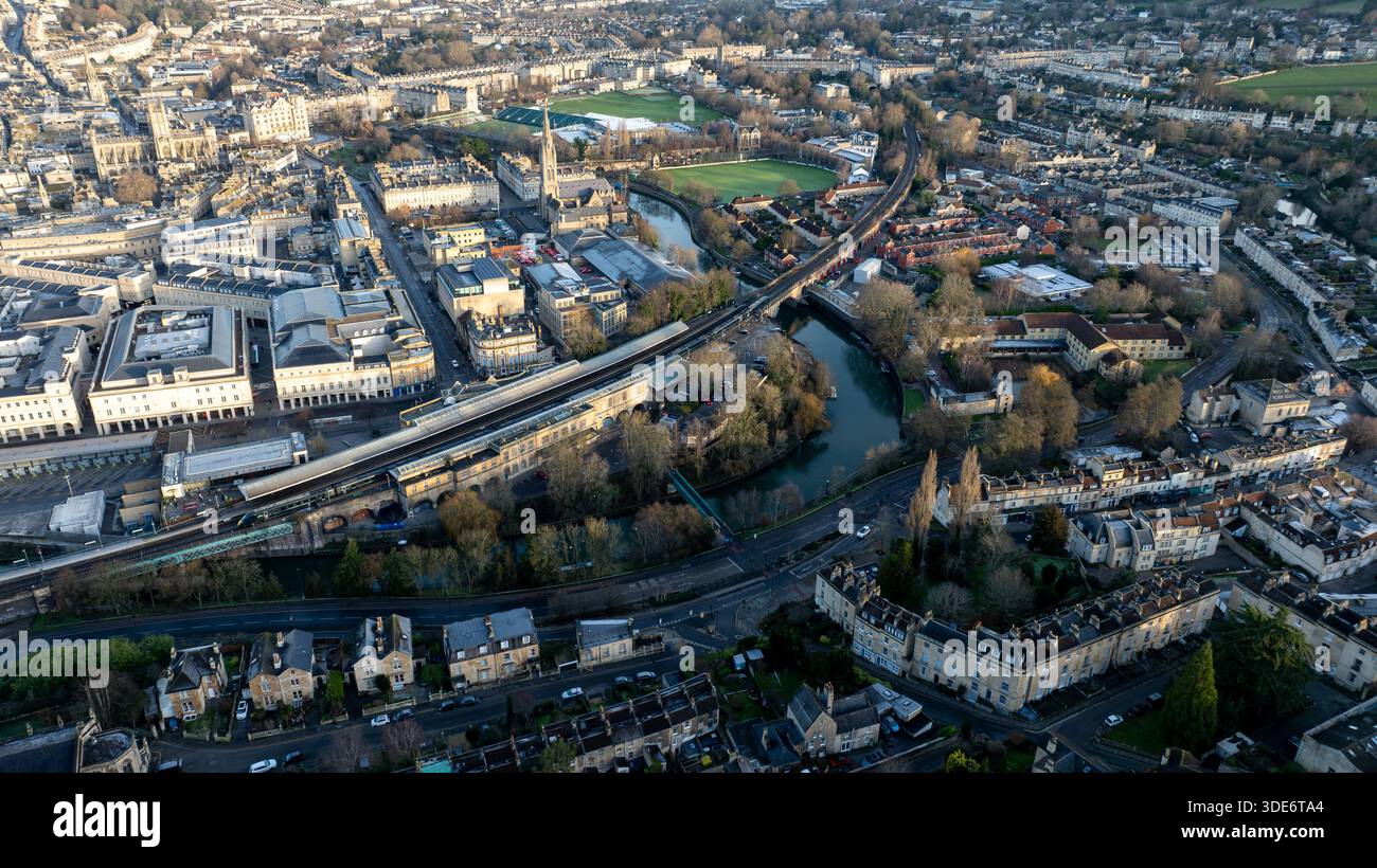 Bath, UK, January 01, 2026: Aerial drone view above The Bath Spa Railway, Built in 1840 by Brunel for the Great Western Railway. Stock Photo