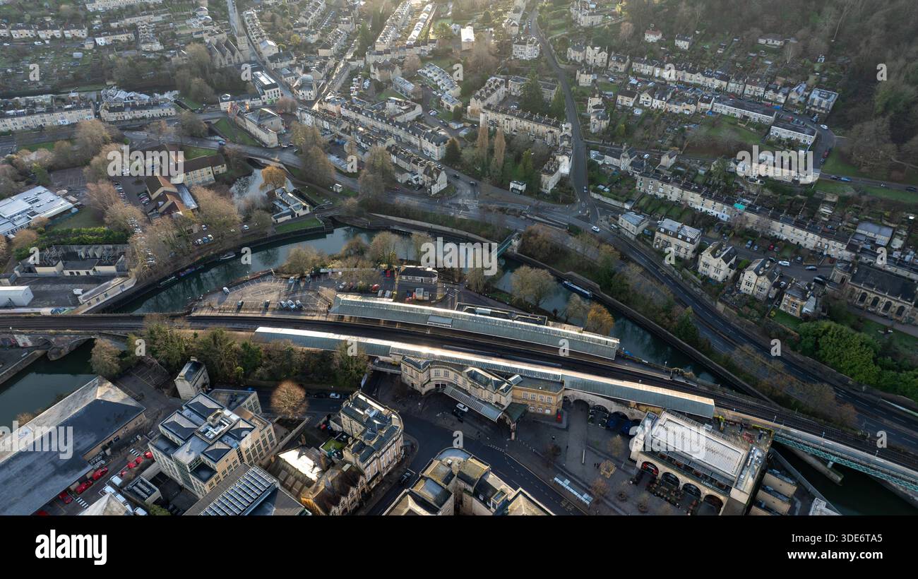 Bath, UK, January 01, 2026: Aerial drone view above The Bath Spa Railway, Built in 1840 by Brunel for the Great Western Railway. Stock Photo