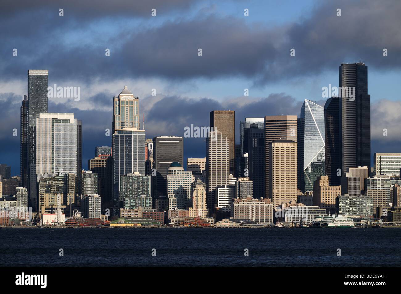 Seattle - December 7, 2025 Skyscrapers in core of Seattle Downtown Business District and shoreline; Stock Photo