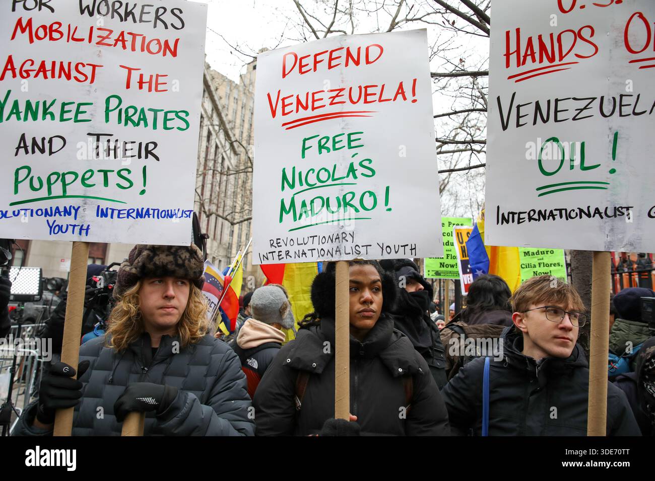 New York, United States. 05th Jan, 2026. Anti-war protesters gather with  placards to condemn the US military attack in Venezuela and demand the  release of Nicolás Maduro and Cilia Flores during a