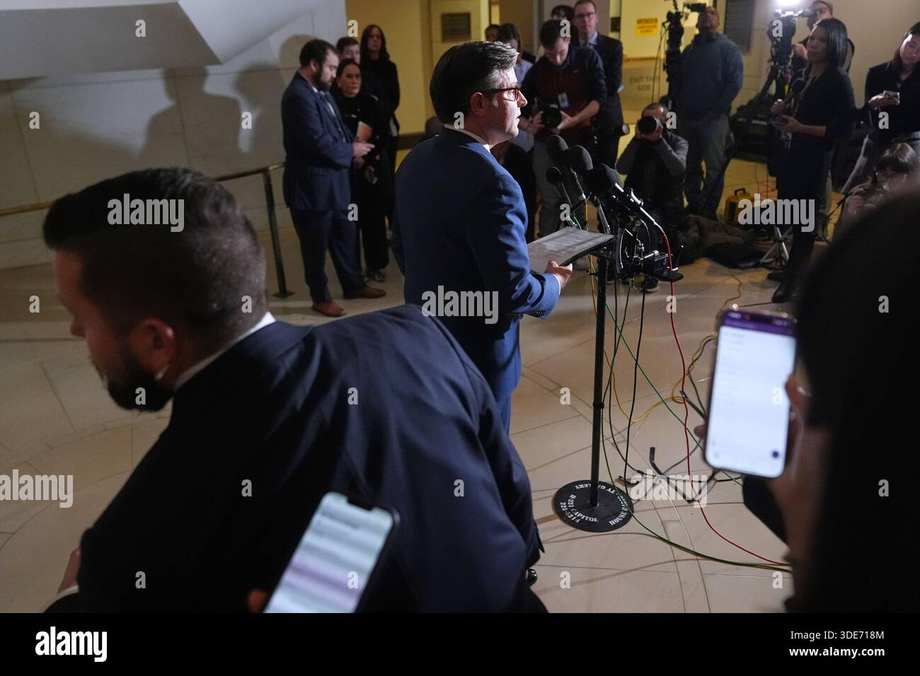 House Speaker Mike Johnson of La., speaks to reporters at the U.S ...