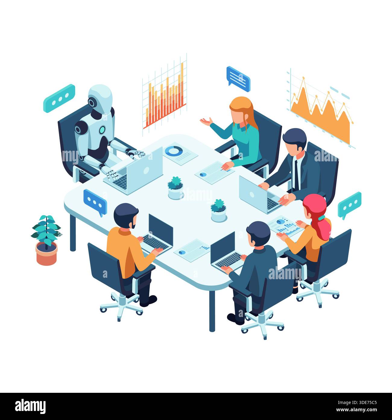 Isometric Robot and Humans Collaborating in a Business Meeting. Human AI Agent Collaboration Team Concept Stock Vector
