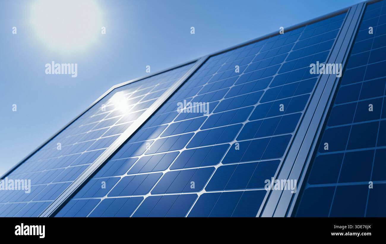 Solar panels blue sky sun flare renewable energy background. 3d rendering Stock Photo