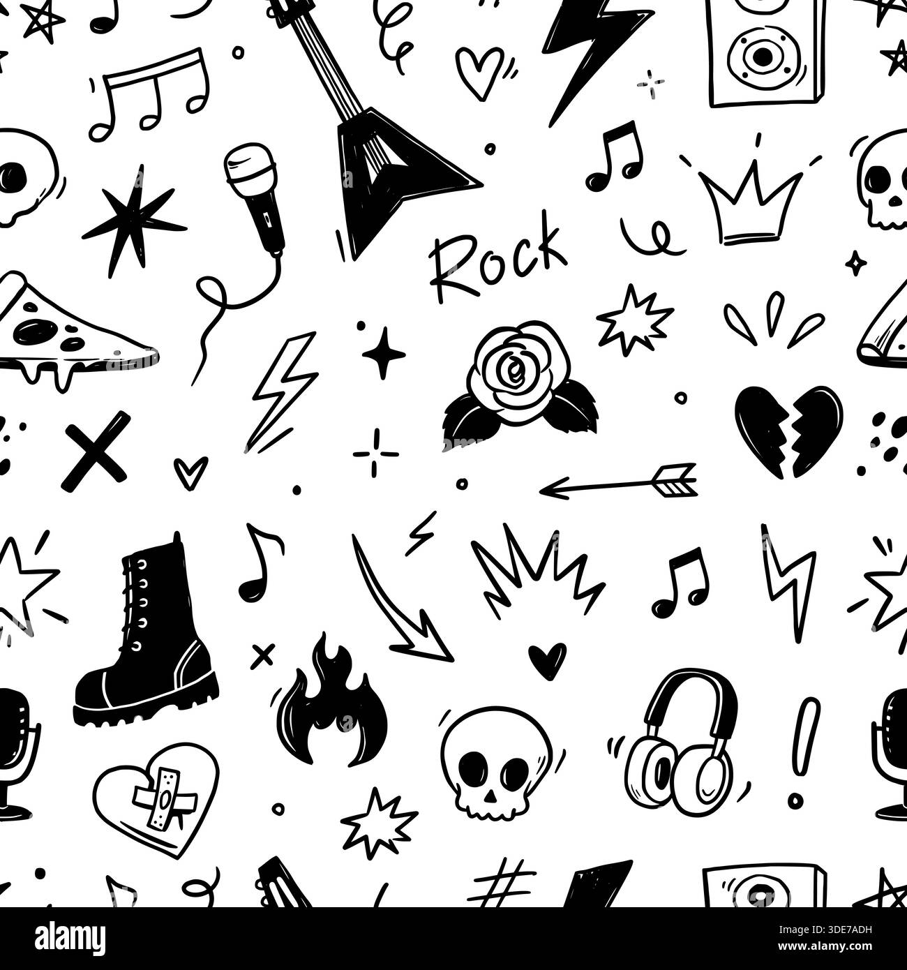 Rock music seamless pattern with guitar, skull, punk symbols. Hand ...