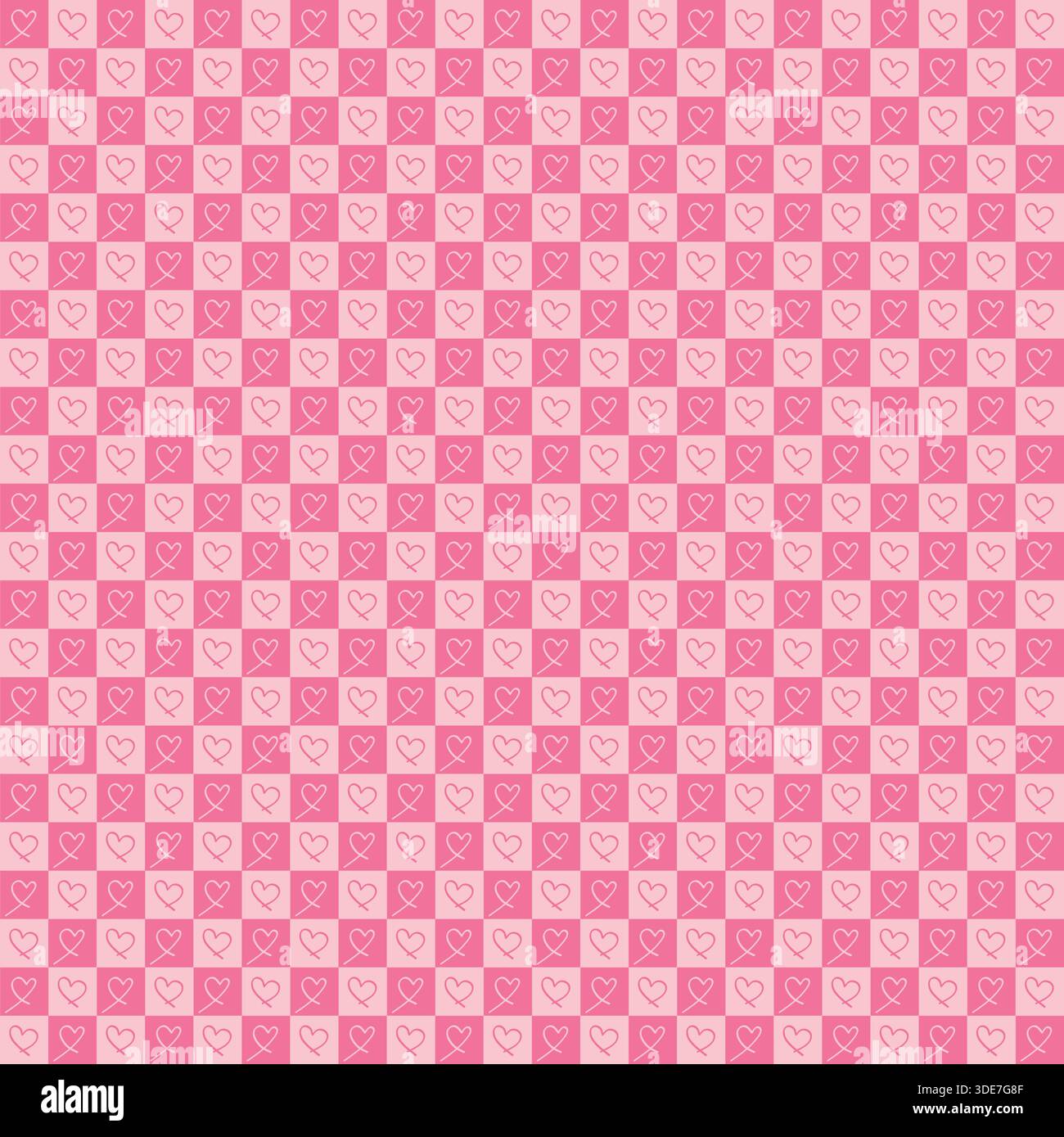 Pink seamless checkered pattern with hand-drawn heart icons, romantic ...
