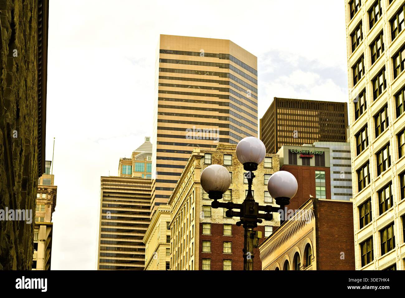 Downtown Seattle street framed by historic buildings and modern skyscrapers Stock Photo