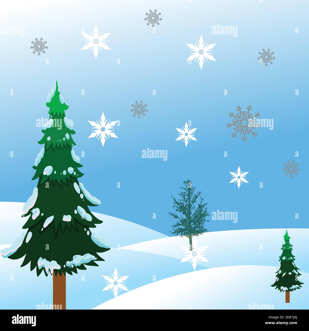 Winter Snow Landscape Vector Background with Pine Trees and Falling Snowflakes Stock Vector