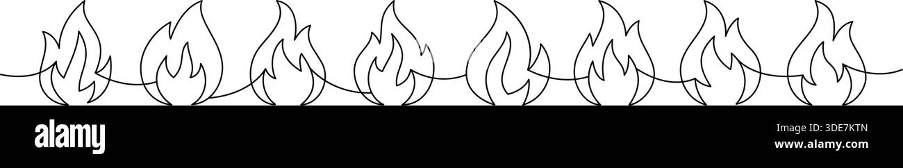 Continuous line border of eight simple flames. Vector minimal fire ...