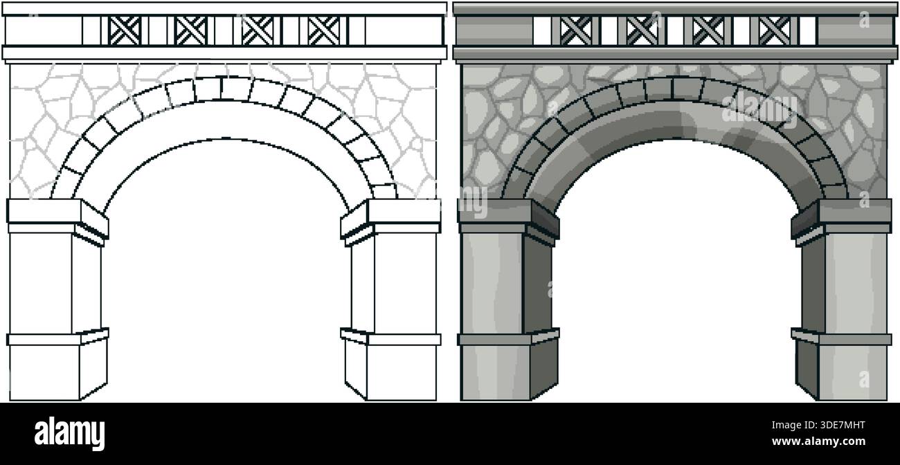 Vector stone archway comparison showing outlined structure beside fully shaded, colored architectural version Stock Vector