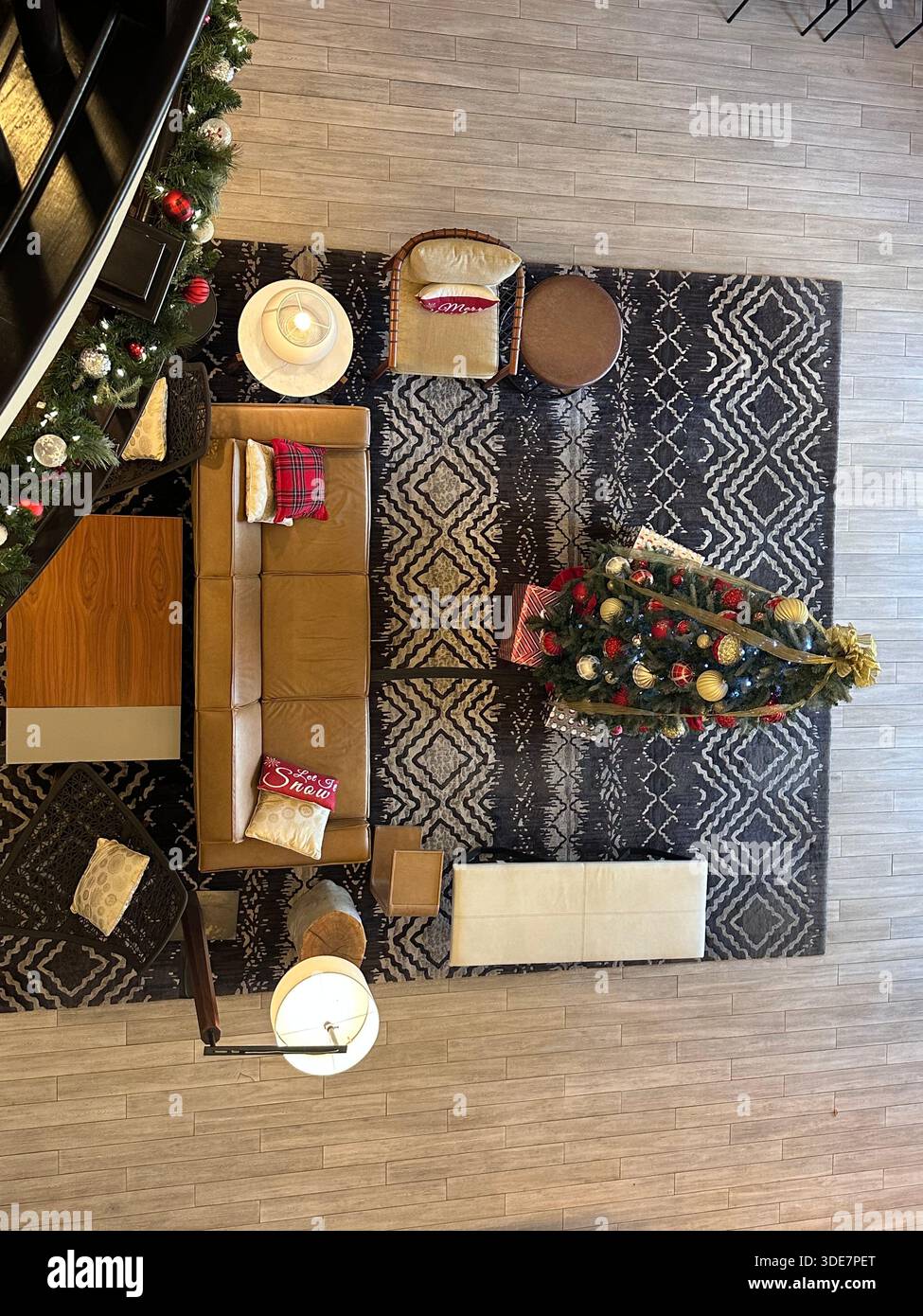 High-Angle View of a Luxury Hotel Lobby with Christmas Tree - Smartphone Captured Stock Image