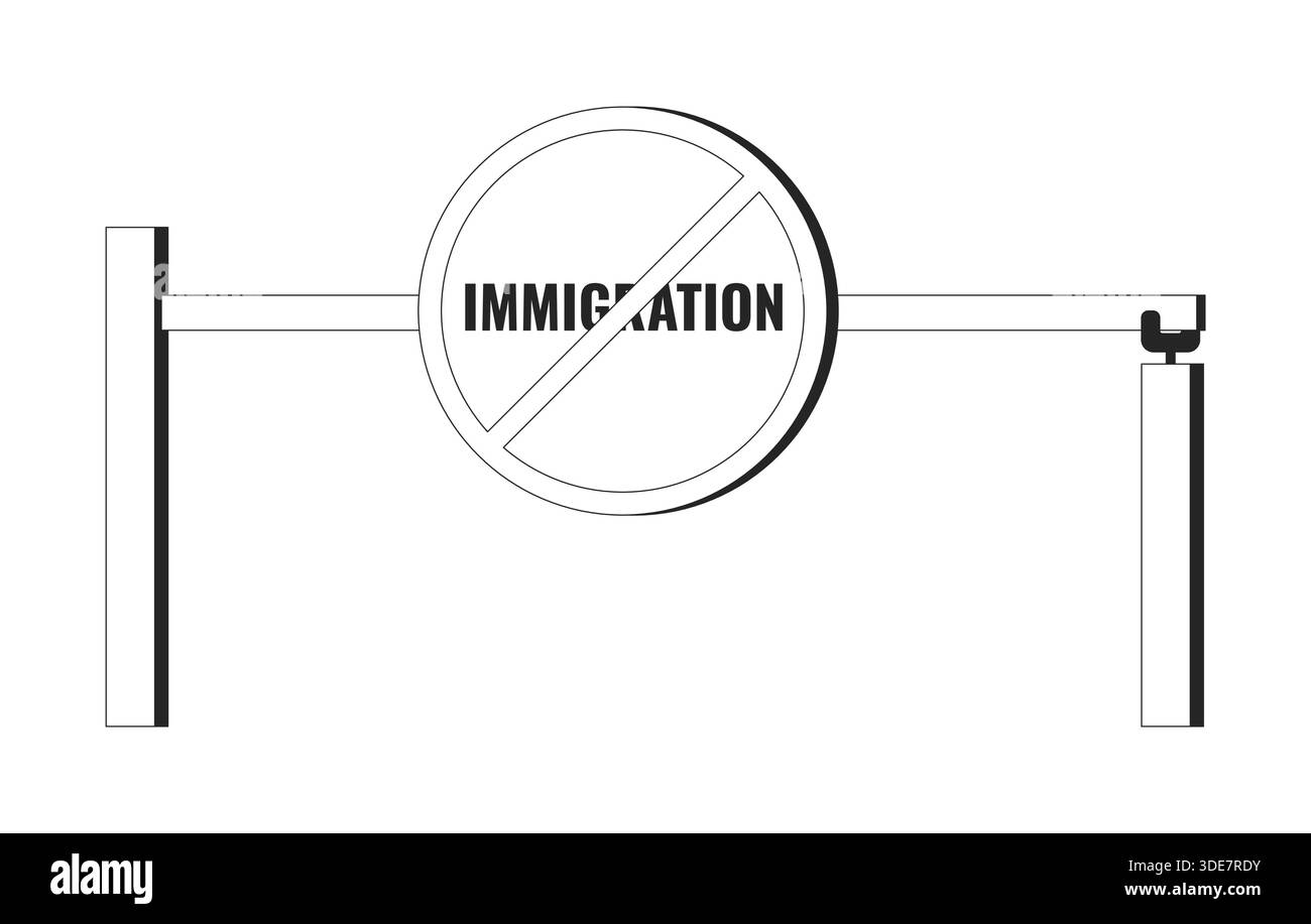 Immigration ban symbol with barrier gate 2D line object Stock Vector